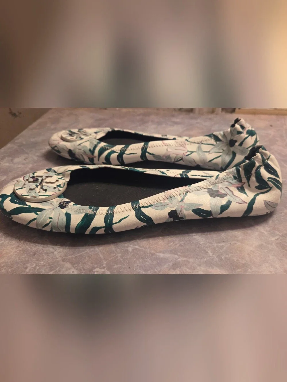 Tory Burch White Floral Logo Ballet Flat